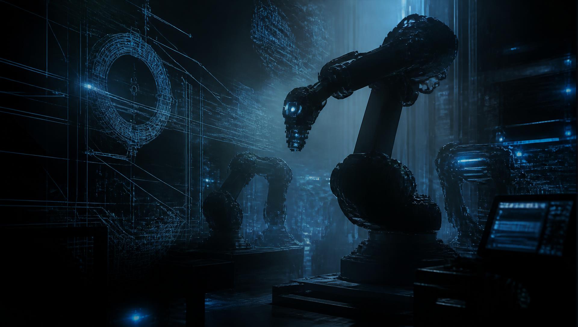 Robotic industrial machinery and control systems inside a dark automated plant